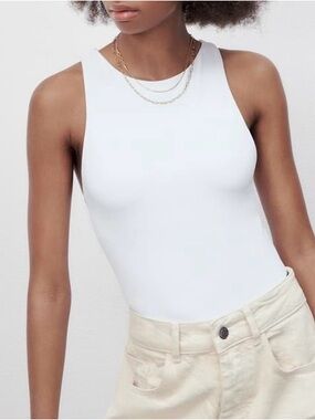 Zara Classic White High Neck Racerback Bodysuit With Snaps Size S